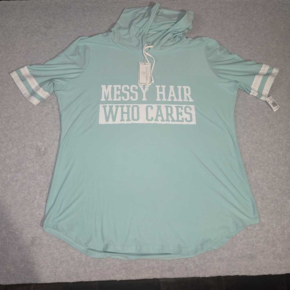 Blue Messy Hair Don't Care Hoodie Tee No Comment 3X Summer Spring Stretch Curvy